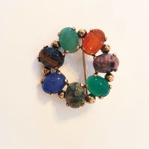 Antique Scarab Brooch Gold w/ Egyptian Cut Stones